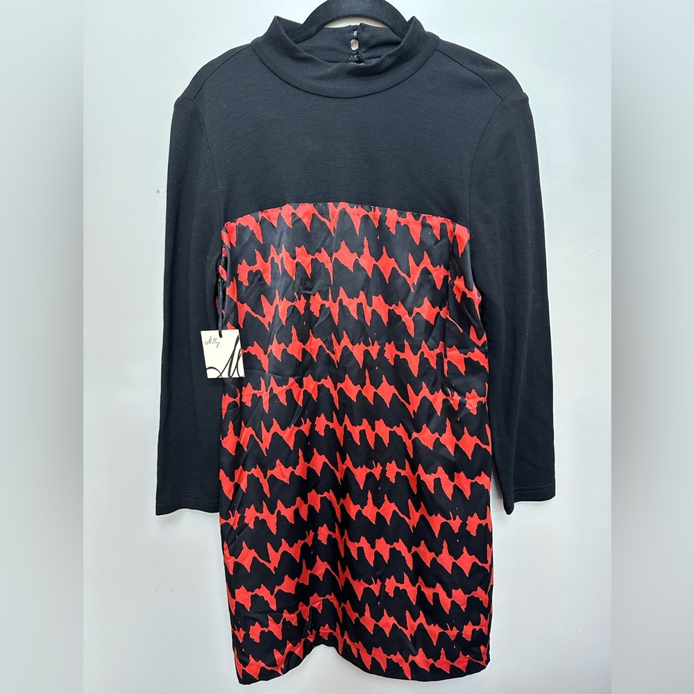 New NWT Milly Black and Red Sz 8 Long Sleeve Silk and Wool Dress $368